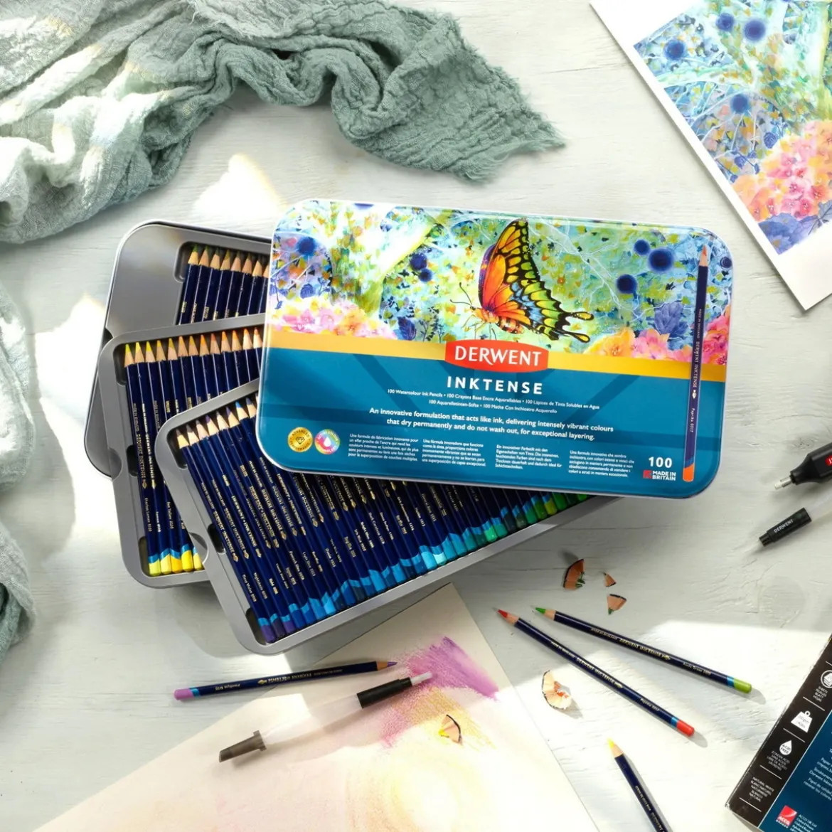 Derwent Inktense 100 akvarellpennor i metallask