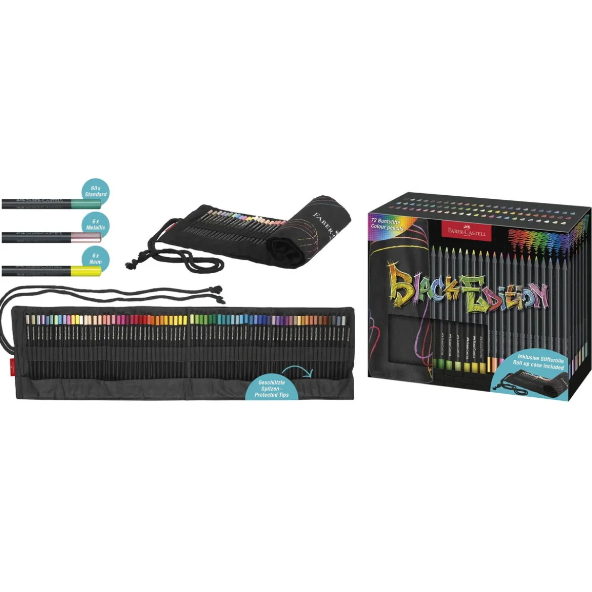 Faber-Castell Black Edition vaxbaserade färgpennor 72-pack + hoprullbart pennfodral
